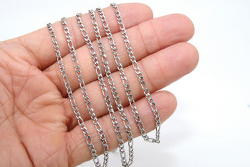 Stainless Steel Figaro Faceted Chain, Silver Chains 6 x 3 and 4 x 3 mm Links, Unfinished Jewelry Chains By the Yard